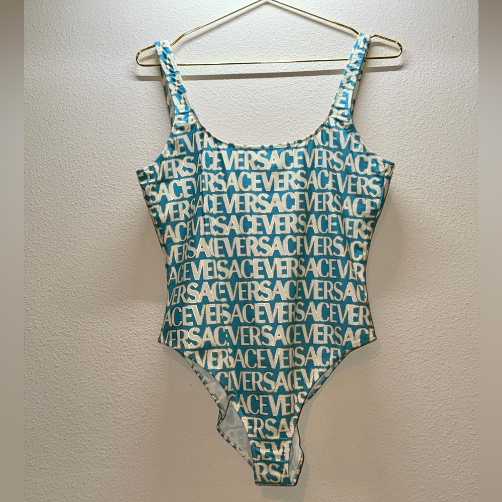 Versace Aqua and White Logo One-Piece